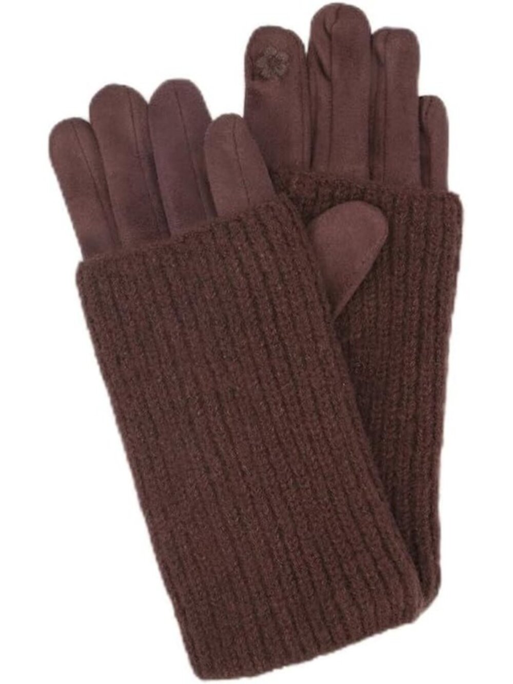 Cozy 2-in-1 Faux Suede Gloves & Ribbed Knit Wrist Warmers, Chocolate Brown